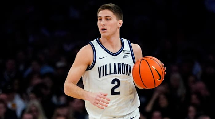 Villanova’s Collin Gillespie (2) looks to pass during the first half of an NCAA college basketball game against Creighton in the final of the Big East conference tournament Saturday, March 12, 2022, in New York.